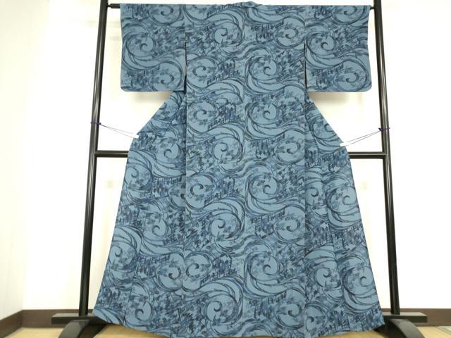 平和屋着物▽上質な小紋　単衣　藍　型染　飛鳥風景文　鬼しぼ縮緬　正絹　逸品　DABH6553az