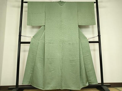 平和屋着物▽上質な色無地　単衣　霞地紋　千草色　正絹　逸品　DABH6555az