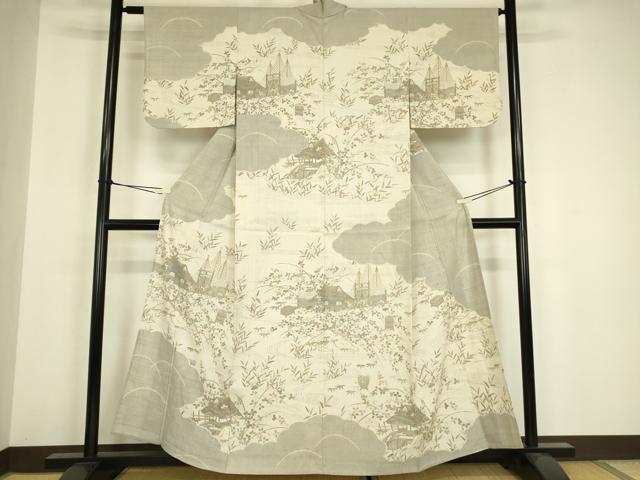 平和屋着物▽染織の名門　しょうざん  生紬　訪問着　単衣　茶屋辻風景花文　金彩　正絹　逸品　DABH6560az