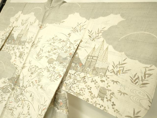 平和屋着物▽染織の名門　しょうざん  生紬　訪問着　単衣　茶屋辻風景花文　金彩　正絹　逸品　DABH6560az