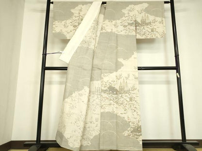 平和屋着物▽染織の名門　しょうざん  生紬　訪問着　単衣　茶屋辻風景花文　金彩　正絹　逸品　DABH6560az