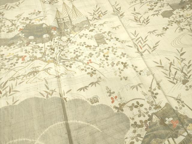 平和屋着物▽染織の名門　しょうざん  生紬　訪問着　単衣　茶屋辻風景花文　金彩　正絹　逸品　DABH6560az