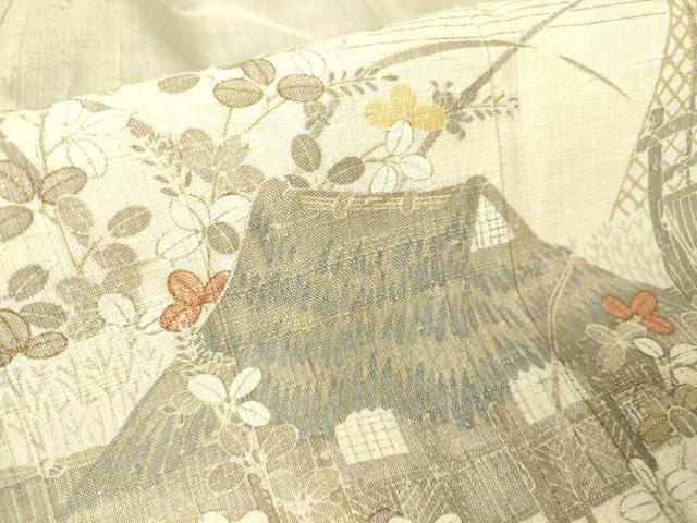 平和屋着物▽染織の名門　しょうざん  生紬　訪問着　単衣　茶屋辻風景花文　金彩　正絹　逸品　DABH6560az