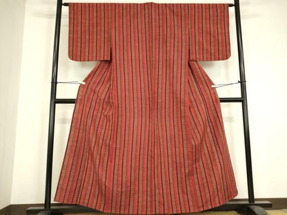 平和屋着物▽上質な紬　単衣　縞　正絹　逸品　DABH6570az