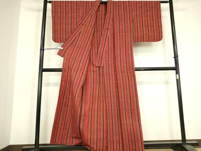 平和屋着物▽上質な紬　単衣　縞　正絹　逸品　DABH6570az