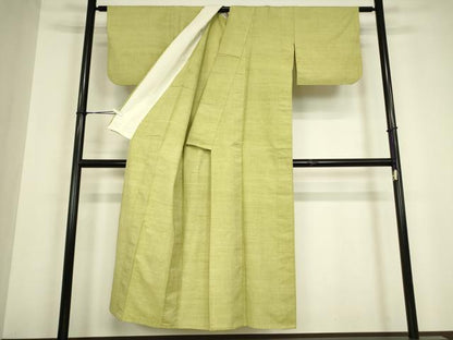 平和屋着物▽上質な紬　単衣　抹茶色　正絹　逸品　DABH6577az