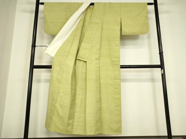 平和屋着物▽上質な紬　単衣　抹茶色　正絹　逸品　DABH6577az