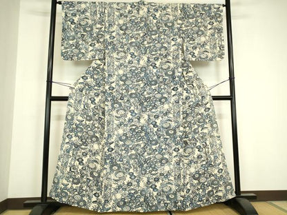 平和屋着物▽上質な小紋　単衣　藍　型染　菊文　鬼しぼ縮緬　正絹　逸品　DABH6583az