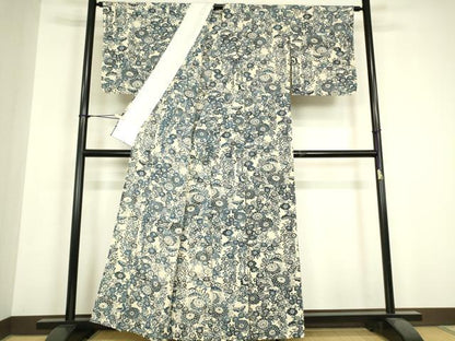 平和屋着物▽上質な小紋　単衣　藍　型染　菊文　鬼しぼ縮緬　正絹　逸品　DABH6583az