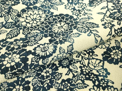 平和屋着物▽上質な小紋　単衣　藍　型染　菊文　鬼しぼ縮緬　正絹　逸品　DABH6583az