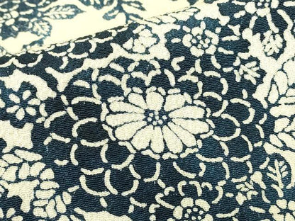 平和屋着物▽上質な小紋　単衣　藍　型染　菊文　鬼しぼ縮緬　正絹　逸品　DABH6583az