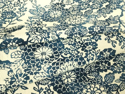 平和屋着物▽上質な小紋　単衣　藍　型染　菊文　鬼しぼ縮緬　正絹　逸品　DABH6583az