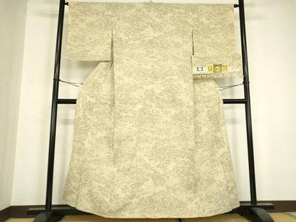 平和屋着物▽本塩沢　やまだ織　単衣　風景文　証紙付き　正絹　逸品　DABH6584az