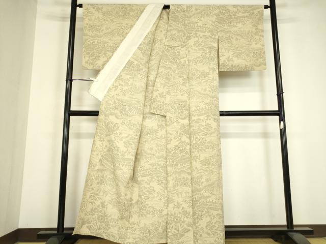 平和屋着物▽本塩沢　やまだ織　単衣　風景文　証紙付き　正絹　逸品　DABH6584az