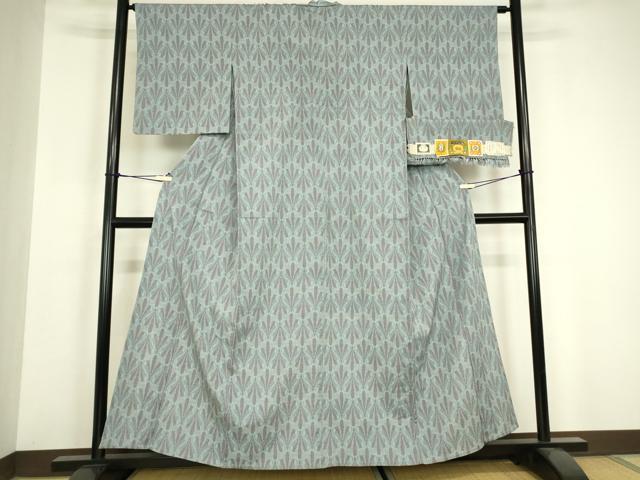 平和屋着物▽本塩沢　やまだ織　単衣　若松葉文　証紙付き　正絹　逸品　DABH6585az