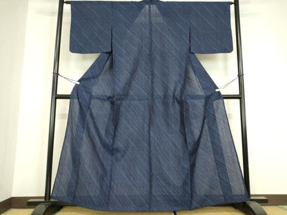 平和屋着物＊夏物　本蚕本まゆ紬　斜線文　反端付き　正絹　逸品　DABH6586az
