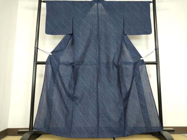 平和屋着物＊夏物　本蚕本まゆ紬　斜線文　反端付き　正絹　逸品　DABH6586az