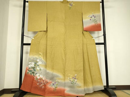平和屋着物▽訪問着　単衣　草花文　暈し染め　金彩　正絹　逸品　DABH6588az