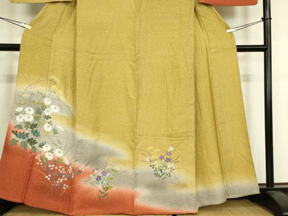 平和屋着物▽訪問着　単衣　草花文　暈し染め　金彩　正絹　逸品　DABH6588az