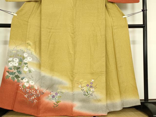 平和屋着物▽訪問着　単衣　草花文　暈し染め　金彩　正絹　逸品　DABH6588az