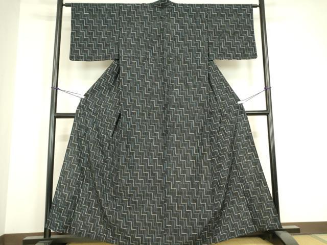 平和屋着物▽上質な紬 単衣 幾何学文 黒地 正絹 逸品 DABH6594az