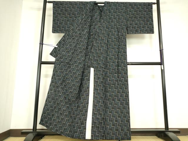 平和屋着物▽上質な紬 単衣 幾何学文 黒地 正絹 逸品 DABH6594az