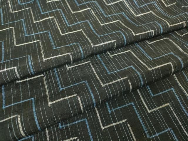 平和屋着物▽上質な紬 単衣 幾何学文 黒地 正絹 逸品 DABH6594az