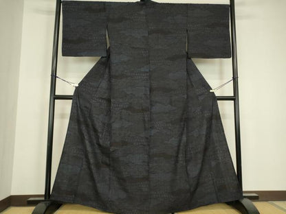 平和屋着物▽結城紬　単衣　雲取り青海波文　80亀甲　正絹　逸品　DABH6597az