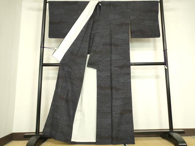 平和屋着物▽結城紬　単衣　雲取り青海波文　80亀甲　正絹　逸品　DABH6597az