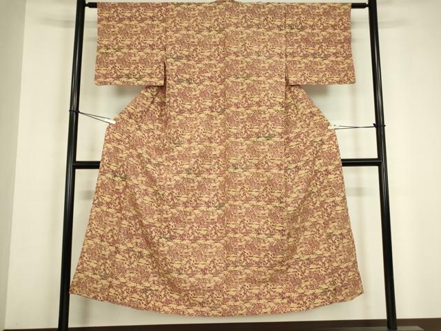 平和屋着物▽上質な小紋　単衣　型染め　草花文　お召縮緬　正絹　逸品　DABH6598az