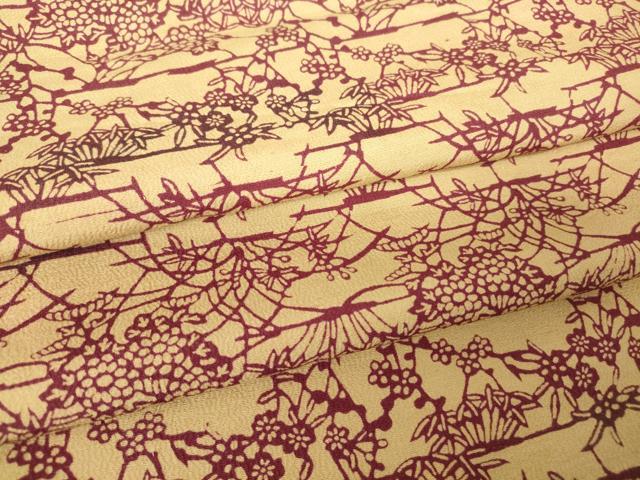 平和屋着物▽上質な小紋　単衣　型染め　草花文　お召縮緬　正絹　逸品　DABH6598az
