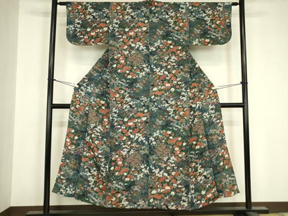 平和屋着物▽上質な小紋　単衣　御所車花文　金彩　鬼しぼ縮緬　正絹　逸品　DABH6600az