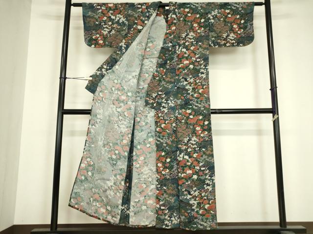 平和屋着物▽上質な小紋　単衣　御所車花文　金彩　鬼しぼ縮緬　正絹　逸品　DABH6600az