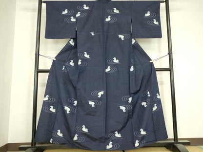 平和屋着物▽上質な紬　単衣　鴛鴦文　正絹　逸品　DABH6602az