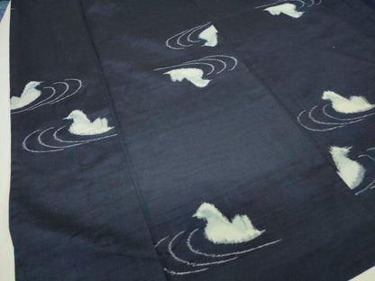 平和屋着物▽上質な紬　単衣　鴛鴦文　正絹　逸品　DABH6602az
