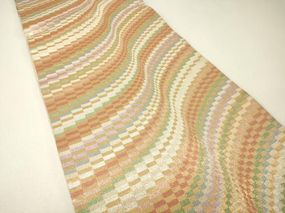 平和屋着物▼六通柄袋帯　変わり市松　金銀糸　正絹　逸品　DABH6620az