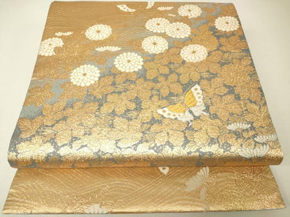平和屋着物▼六通柄袋帯　菊舞蝶文　金糸　正絹　逸品　DABH6625az