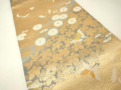 平和屋着物▼六通柄袋帯　菊舞蝶文　金糸　正絹　逸品　DABH6625az