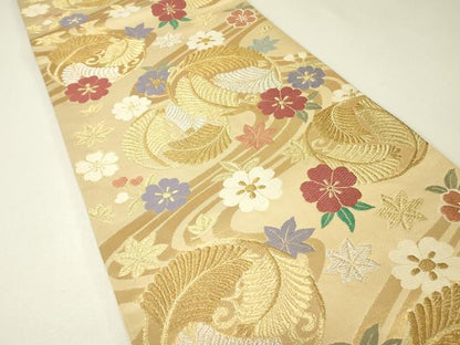 平和屋着物▼両面　六通柄袋帯　唐織　若松葉花文　金銀糸　正絹　逸品　DABH6626az