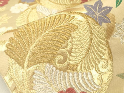 平和屋着物▼両面　六通柄袋帯　唐織　若松葉花文　金銀糸　正絹　逸品　DABH6626az