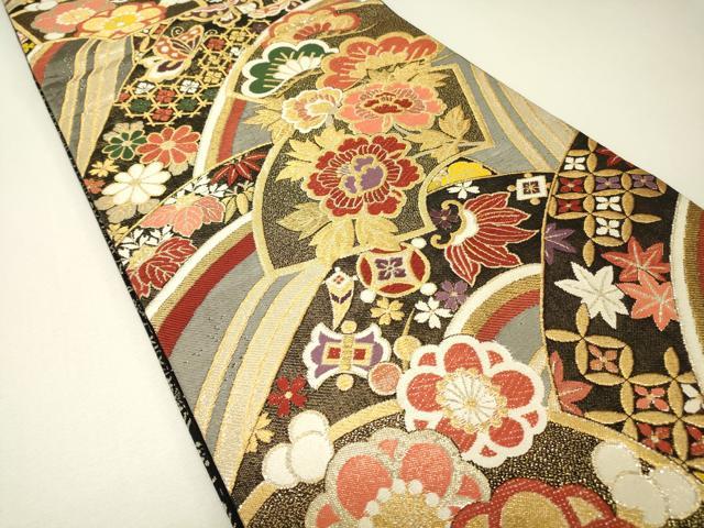 平和屋着物▼六通柄袋帯　吉祥錦　地紙花蝶文　金糸　鈴乃屋扱い　正絹　逸品　DABH6639az