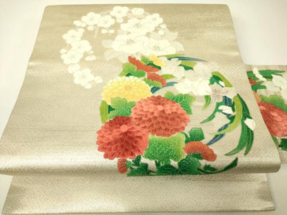 平和屋着物▼中国三大刺繍　相良刺繍　総刺繍　九寸名古屋帯　花丸文　金糸　正絹　逸品　DABH6643az