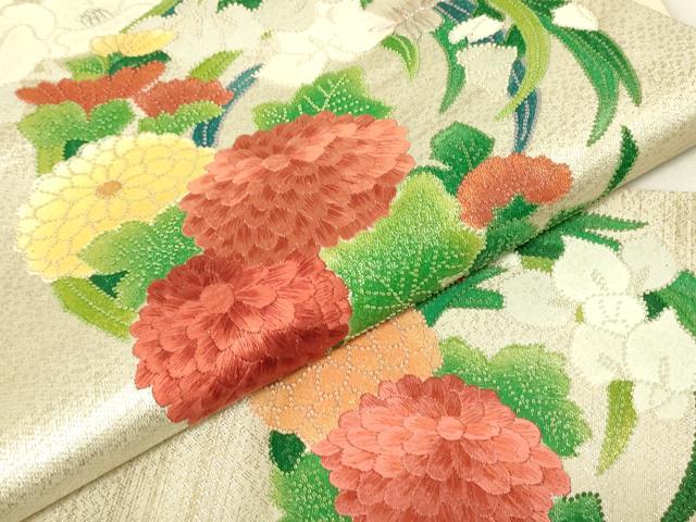 平和屋着物▼中国三大刺繍　相良刺繍　総刺繍　九寸名古屋帯　花丸文　金糸　正絹　逸品　DABH6643az