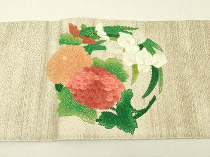 平和屋着物▼中国三大刺繍　相良刺繍　総刺繍　九寸名古屋帯　花丸文　金糸　正絹　逸品　DABH6643az