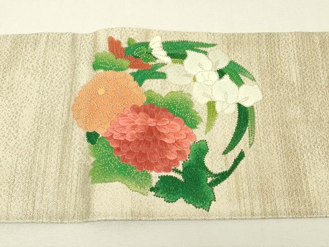 平和屋着物▼中国三大刺繍　相良刺繍　総刺繍　九寸名古屋帯　花丸文　金糸　正絹　逸品　DABH6643az