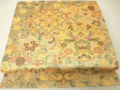 平和屋着物▼六通柄袋帯　古代彫金紋　正倉院向い鳥花文　正絹　逸品　未使用　DABH6666az