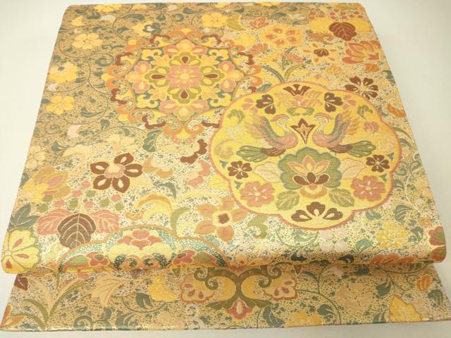 平和屋着物▼六通柄袋帯　古代彫金紋　正倉院向い鳥花文　正絹　逸品　未使用　DABH6666az
