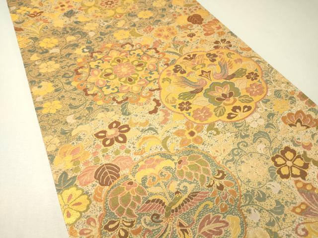 平和屋着物▼六通柄袋帯　古代彫金紋　正倉院向い鳥花文　正絹　逸品　未使用　DABH6666az