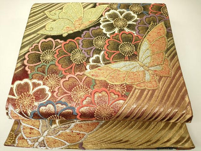 平和屋着物▼両面　六通柄袋帯　舞蝶花文　金糸　正絹　逸品　DABH6671az