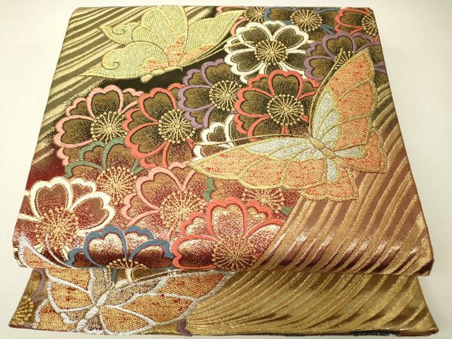 平和屋着物▼両面　六通柄袋帯　舞蝶花文　金糸　正絹　逸品　DABH6671az